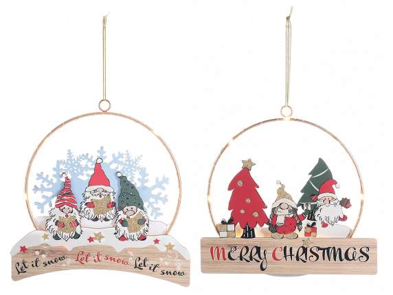 Ghirlanda in metallo da appendere con decori legno, luci LED