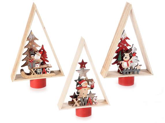 Albero legno con decori natalizi e luci LED da appoggiare