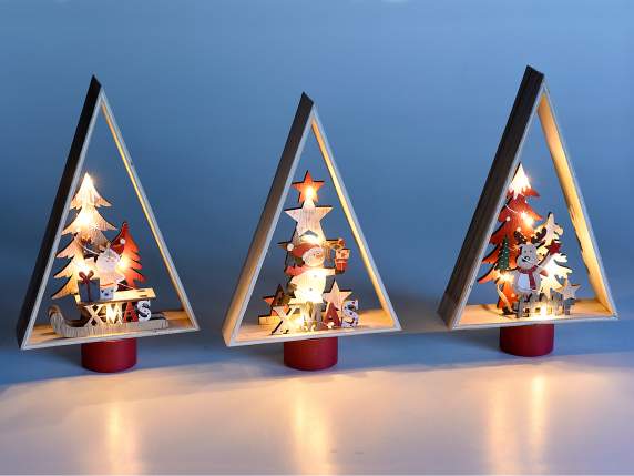 Albero legno con decori natalizi e luci LED da appoggiare