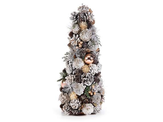 Albero Natale con pigne glitterate e palline color bronzo