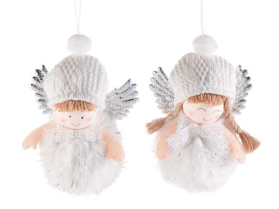 Angelo in eco-fur con fili argento da appendere