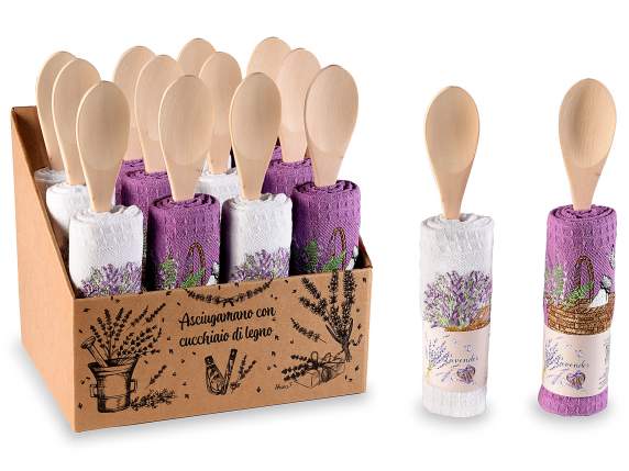 Asciugapiatti lavanda in cotone ricamato con cucchiaio legno