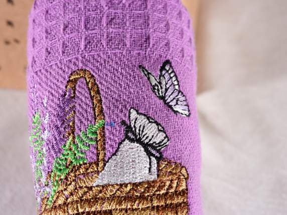 Asciugapiatti lavanda in cotone ricamato con cucchiaio legno