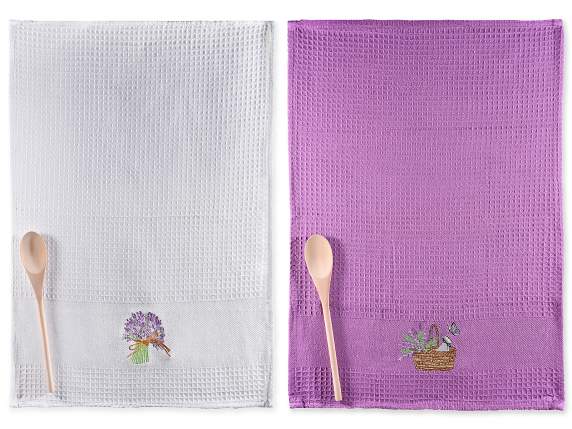 Asciugapiatti lavanda in cotone ricamato con cucchiaio legno