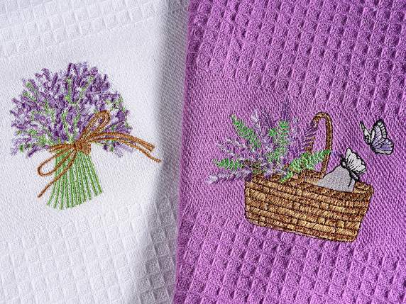Asciugapiatti lavanda in cotone ricamato con cucchiaio legno