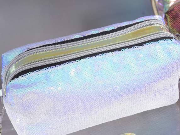 Pochette paillettes iridescenti c-doppia tasca, zip e laccio