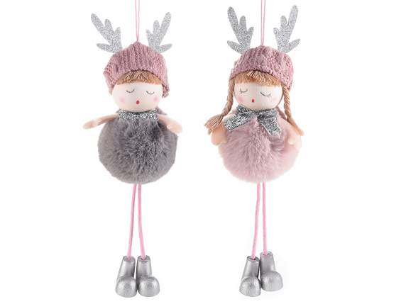 Bambolina gambelunghe eco-fur e cappello renna da appendere