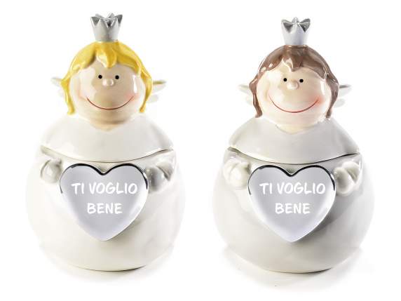 Barattolo in ceramica angelo con cuore argento e scritta