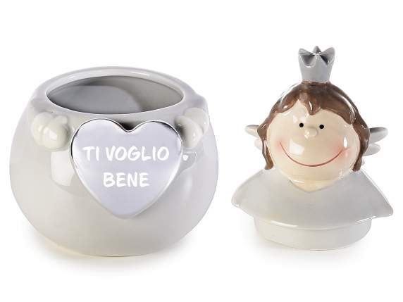 Barattolo in ceramica angelo con cuore argento e scritta