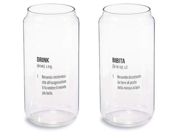 Bicchiere in vetro 450ml a forma di lattina con scritte