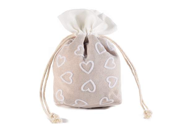 Sacchetto in stoffa ecrù con decori a cuore e tirante