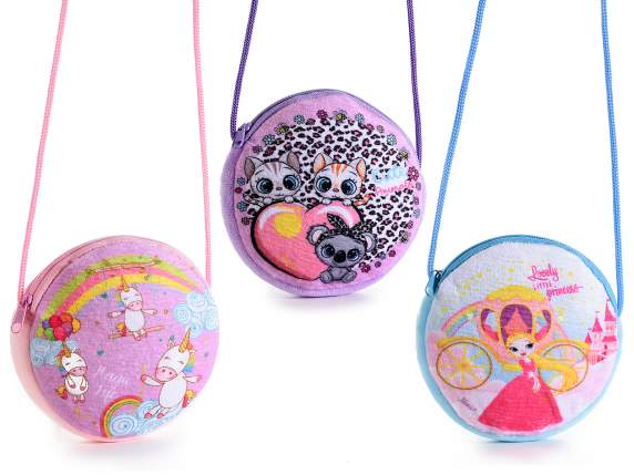 Borsetta rotonda in stoffa Kids con zip e tracolla