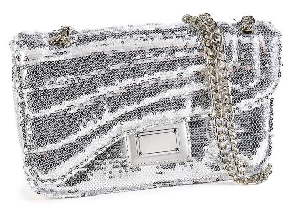 Borsa paillettes argento,tracolla catena, chiusura magnetica