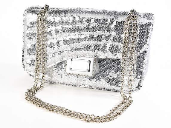 Borsa paillettes argento,tracolla catena, chiusura magnetica