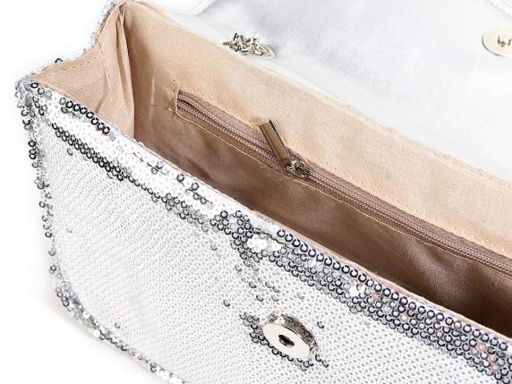 Borsa paillettes argento,tracolla catena, chiusura magnetica