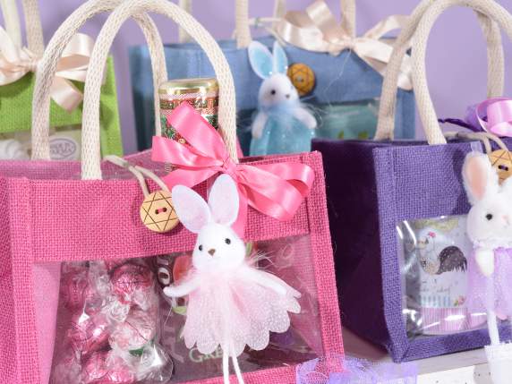 Borsa juta con finestra, manici corda e chiusura a bottone