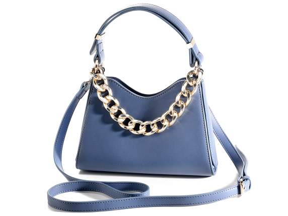 Borsa donna in similpelle azzurra c-manico e catena dorata