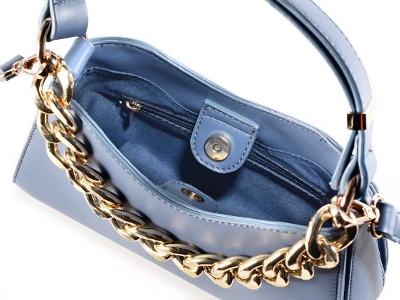 Borsa donna in similpelle azzurra c-manico e catena dorata