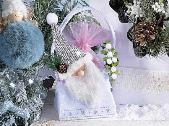 Set 2 borsette in panno Babbo Natale con cappello e pompon