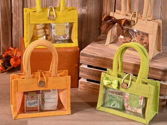 Borsa in juta con finestra, manici corda e chiusura bottone