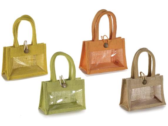 Borsa in juta con finestra, manici corda e chiusura bottone