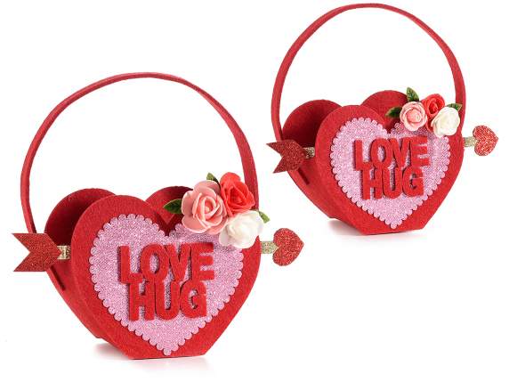 Set 2 borsette in panno a cuore c-scritta, glitter e fiori