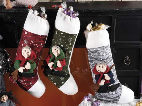 Calza Befana in panno con decori in rilievo da appendere