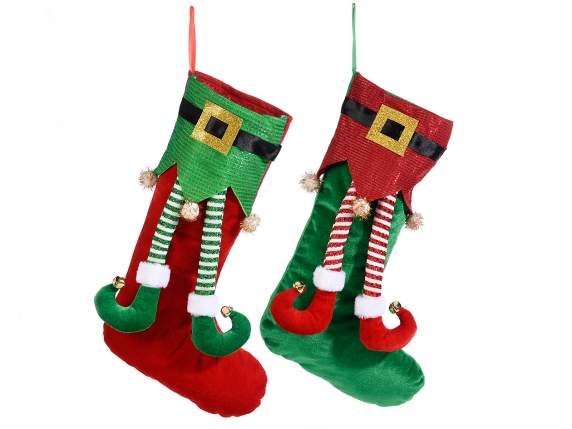 Calza portadolci c-gambe da elfo Babbo Natale da appendere