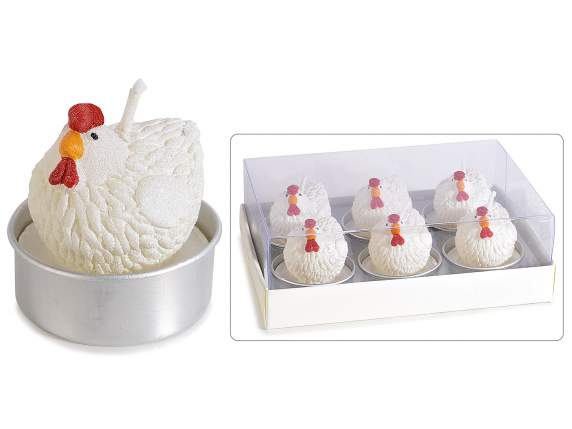 Scatola 6 candele tealight con gallinella pasquale