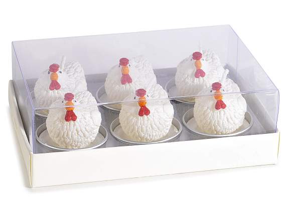 Scatola 6 candele tealight con gallinella pasquale