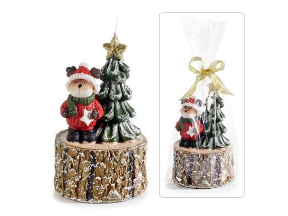 Candela renna e albero di Natale su tronco in conf.singola