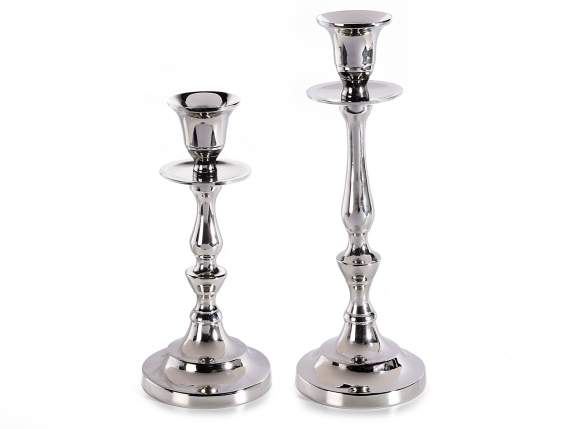 Set 2 candelabri portacandela in metallo argentato lucido