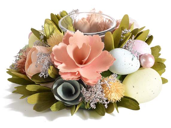Centrotavola con portatealight in vetro con fiori e uova