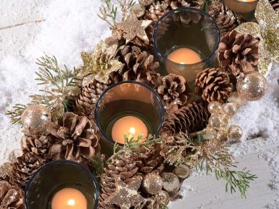 Centrotavola legno, pigne e glitter oro con 4 vasetti vetro