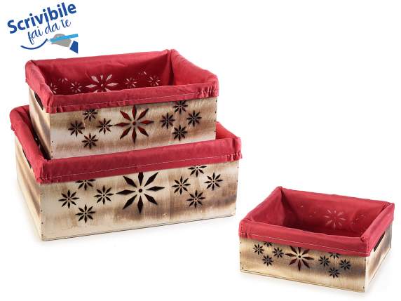 Set 3 cestini in legno con intagli e stoffa interna bordeaux