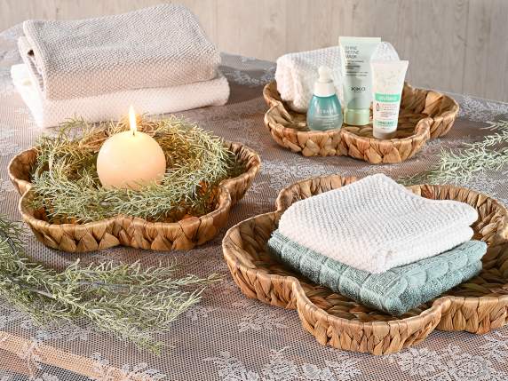 Set 3 cestini, vassoi a fiore in giacinto intrecciato