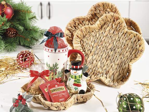 Set 3 cestini, vassoi a fiore in giacinto intrecciato