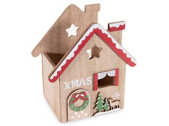 Cestino natalizio in legno a casetta con decori in rilievo