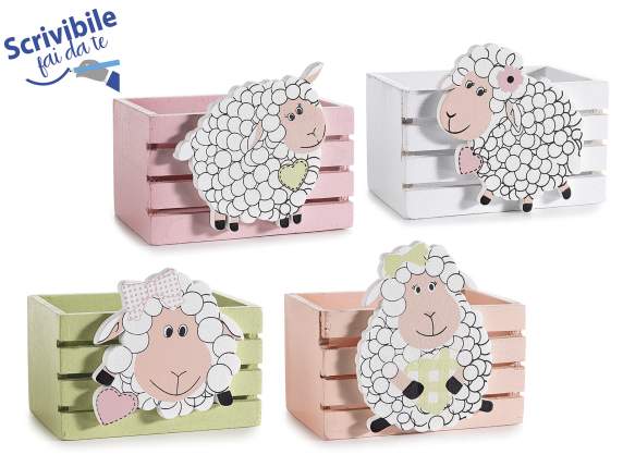 Cestino in legno a staccionata con decoro pecorella