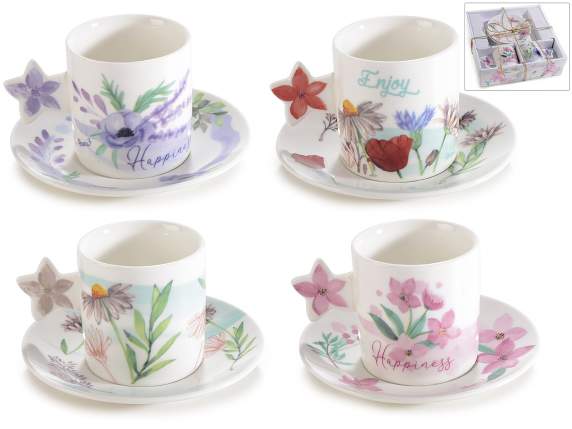 Conf. 2 tazzine e piattini porcellana 80ml decori floreali