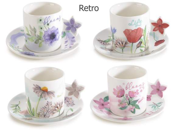 Conf. 2 tazzine e piattini porcellana 80ml decori floreali