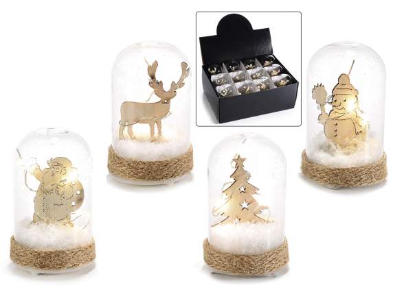 Glass decoration w-wooden inside, w-snow and led light