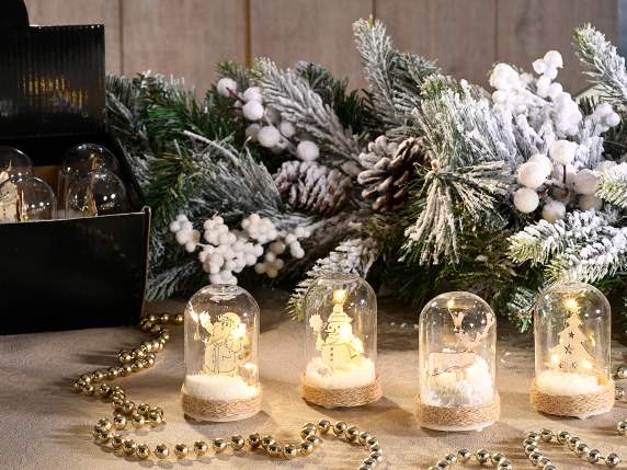 Glass decoration w-wooden inside, w-snow and led light