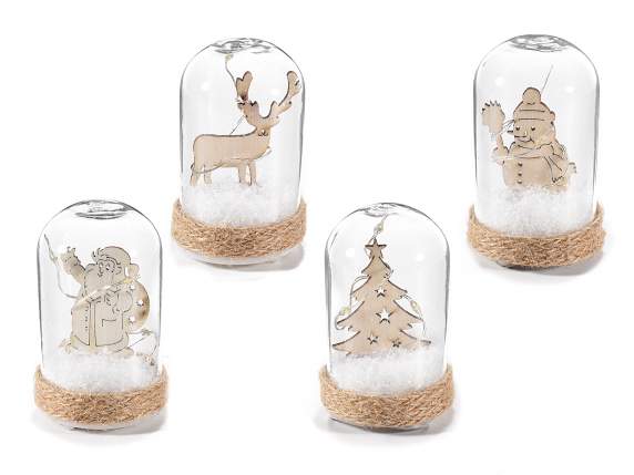 Glass decoration w-wooden inside, w-snow and led light