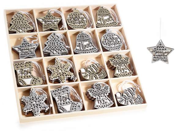 Espo 48 decori legno da appendere con glitter metallizzati
