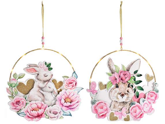 Decorazione metallo da appendere con coniglio legno e luci