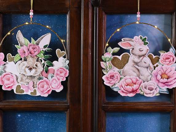 Decorazione metallo da appendere con coniglio legno e luci