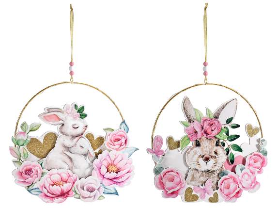 Decorazione metallo da appendere con coniglio legno e luci