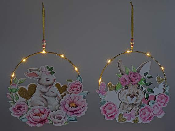 Decorazione metallo da appendere con coniglio legno e luci