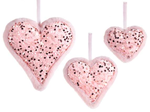 Set 3 cuori rosa in morbido pelo con paillettes da appendere